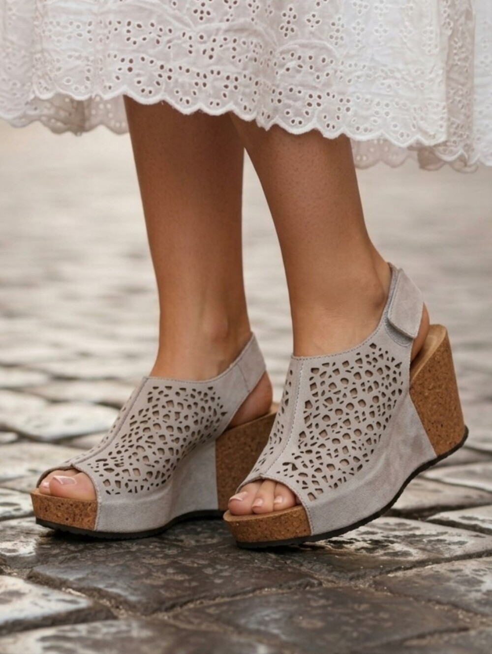 A. Giannetti Gray Perforated Suede Cork Wedge Sandals Size 10